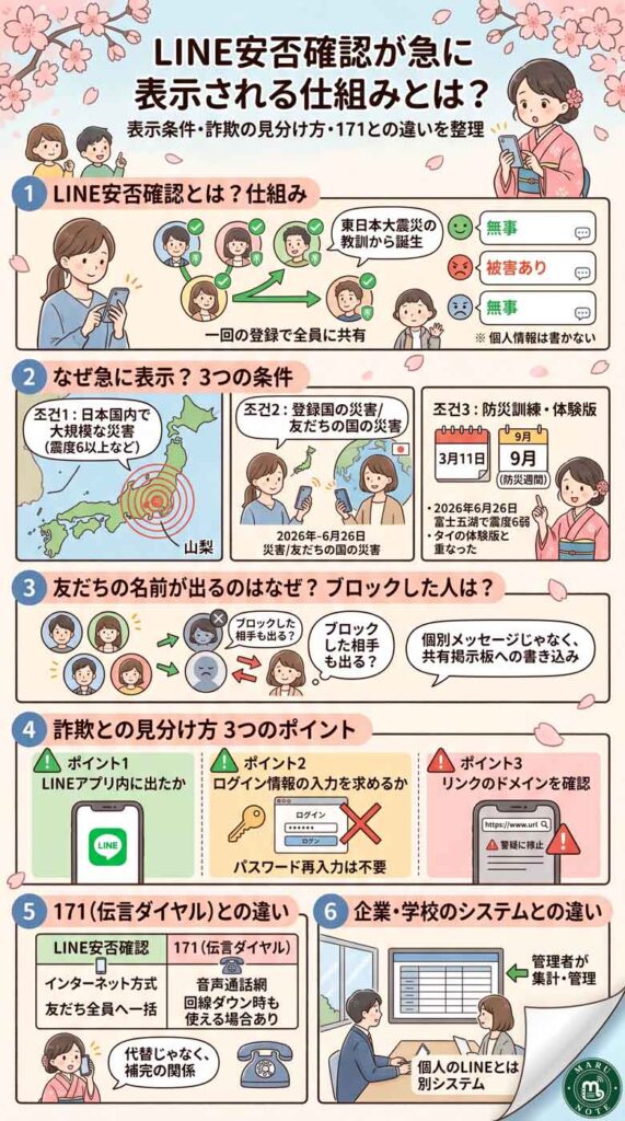 LINE安否確認が急に表示される仕組みとは？表示条件・詐欺の見分け方・171との違いを整理インフォグラフ