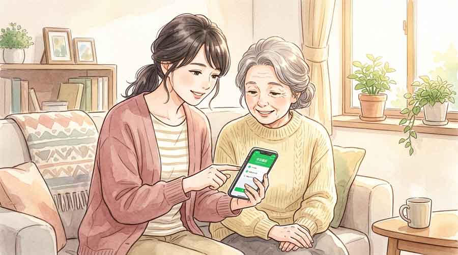 モダンなオフィスで同僚と安否確認システムの画面を確認している落ち着いた女性
