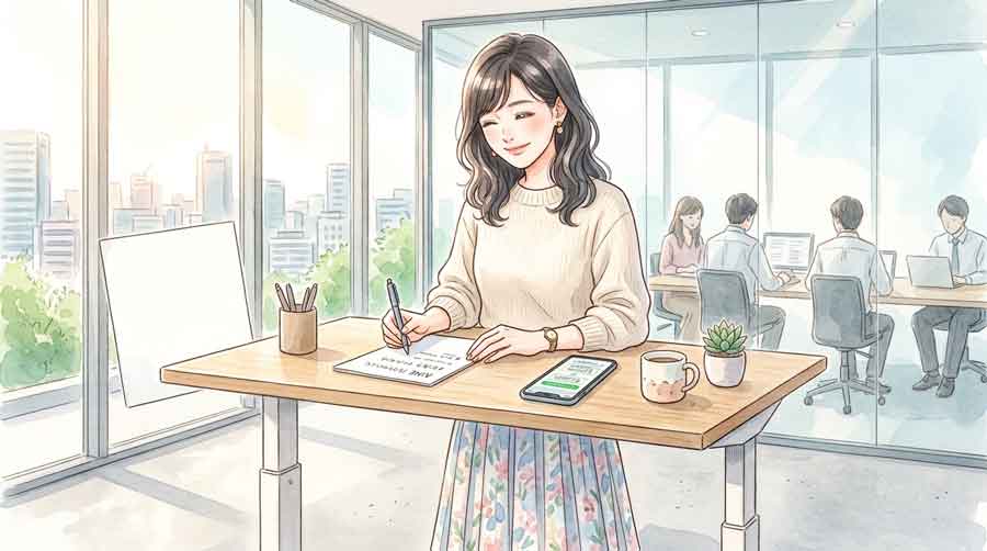  スマートフォンとメモを並べてLINEと171の違いを比較しながら考え込んでいる知的な女性