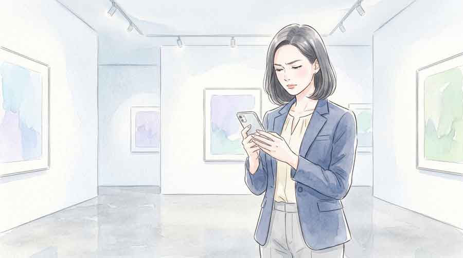 スマートフォンの画面を細かく確認して偽サイトかどうかをチェックする落ち着いた女性