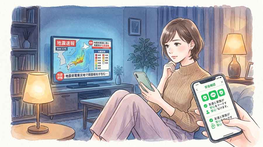 スマートフォンの友だちリストで複数人の安否状況が一覧表示されているイメージ