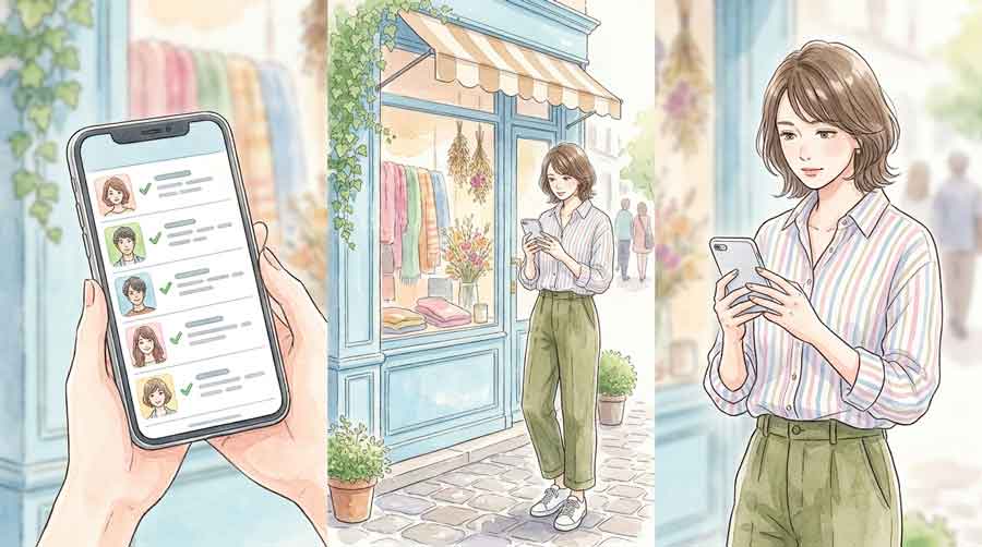  夜のニュースを見ながら落ち着いてスマートフォンで安否確認を確認する女性