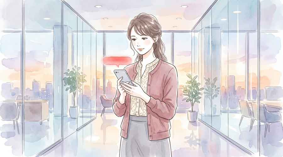スマートフォンの画面にLINE安否確認バナーが表示されている様子を落ち着いて確認する女性