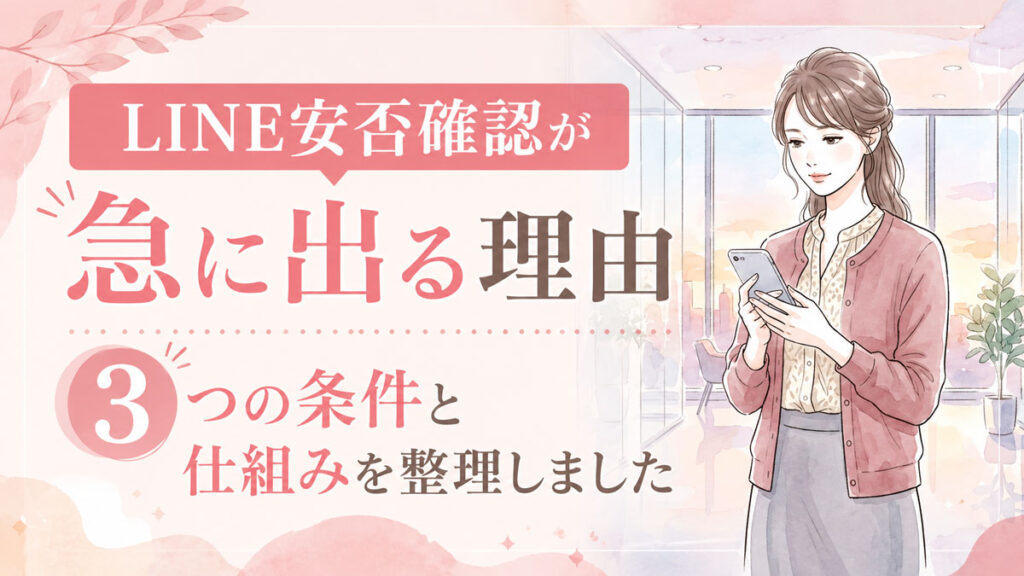 スマートフォンの画面にLINE安否確認バナーが表示されている様子を落ち着いて確認する女性
