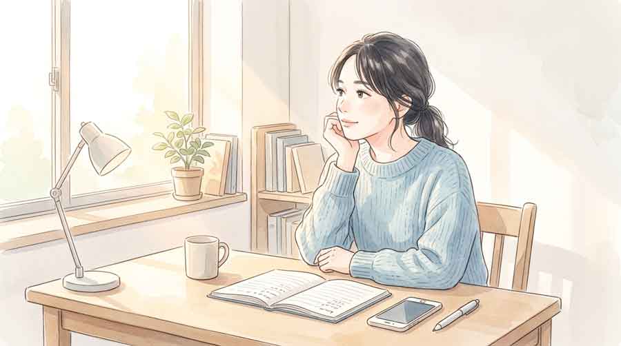 家計簿とスマートフォンを前に今後の暮らしについて考える女性