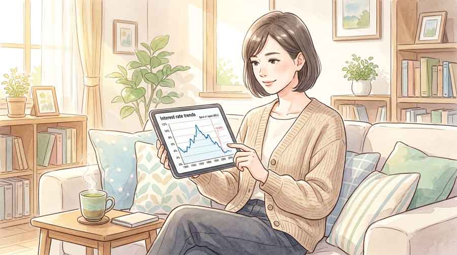 銀行のアプリを見ながら今後の金利動向について考える女性