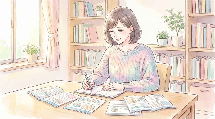 銀行の資料を見ながらメモを取る女性のイラスト