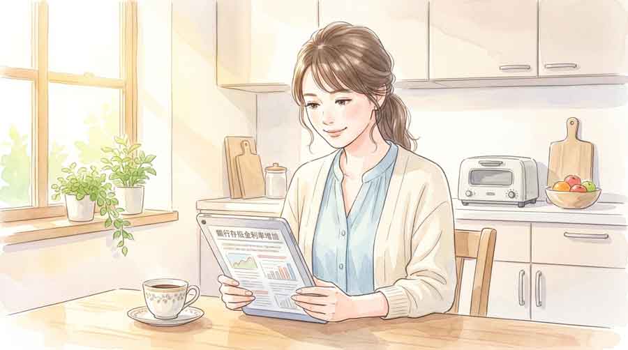 ニュース記事を読みながら定期預金の話題に注目する30代女性