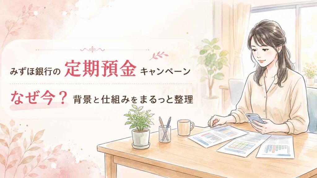 金融関係の書類やスマートフォンを前に落ち着いて考える知的な女性のイラスト