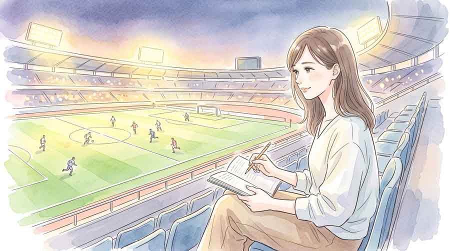 サッカースタジアムで日本代表の試合を観戦する女性のイラスト