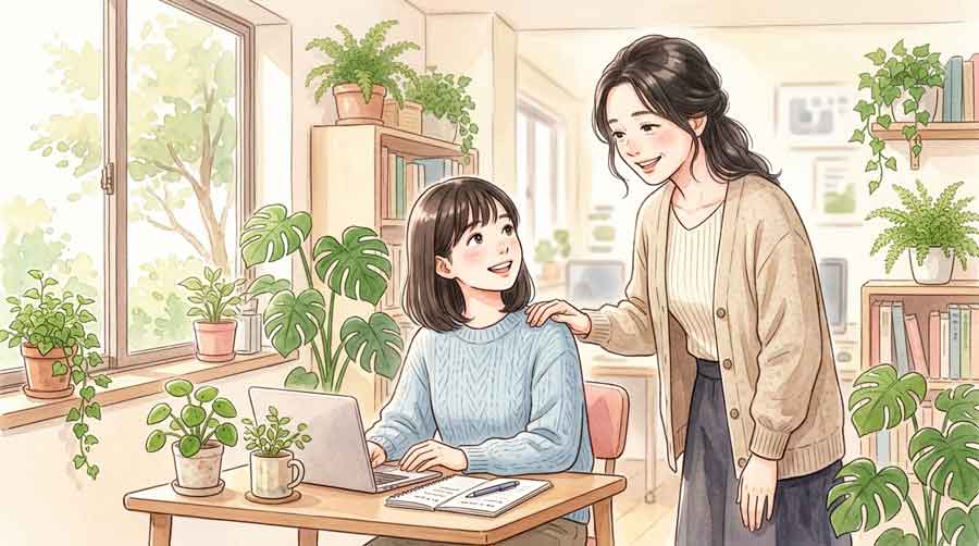 チームミーティングで発言する選手と聴く若い選手たちのイラスト