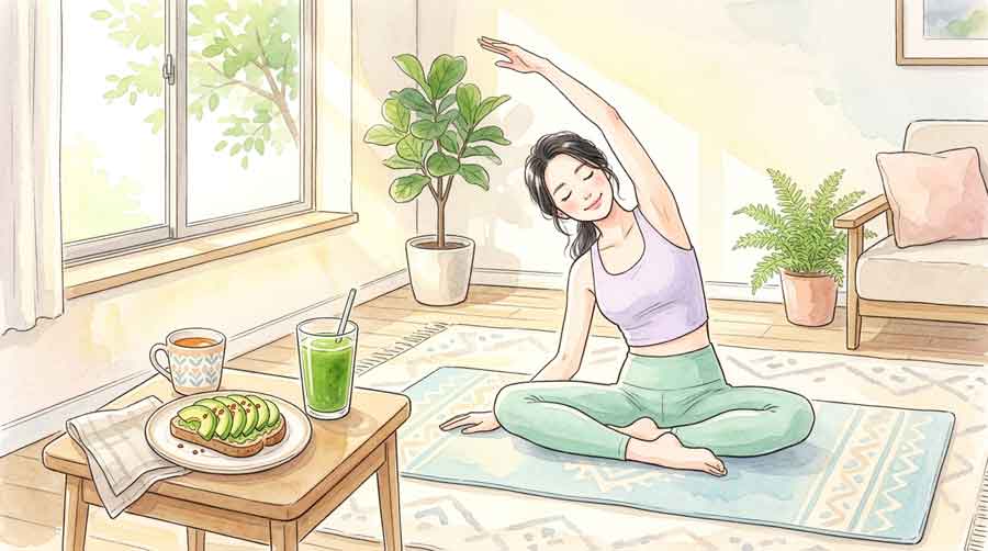 栄養バランスのとれた食事と運動をする女性のイラスト