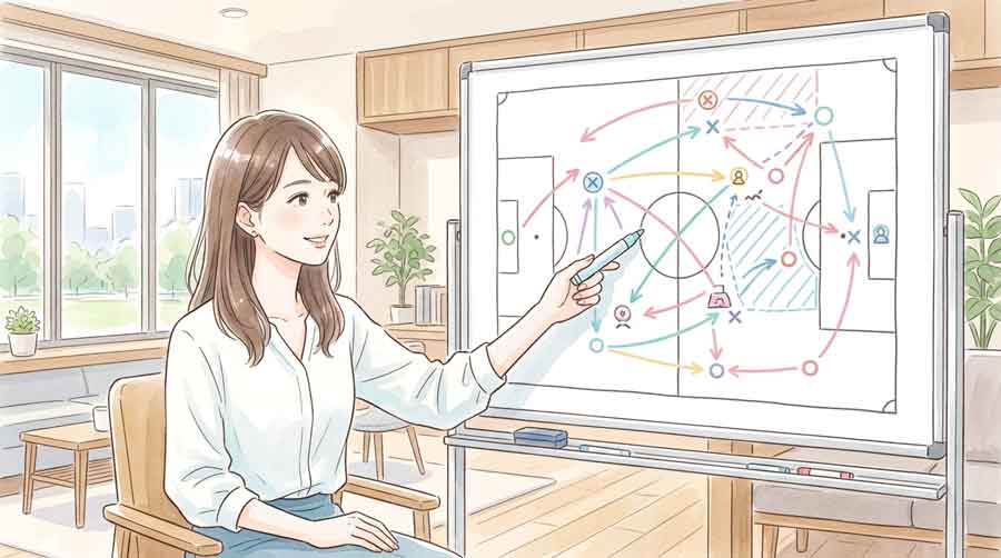 戦術ボードを前に指示を出す監督と選手のイラスト