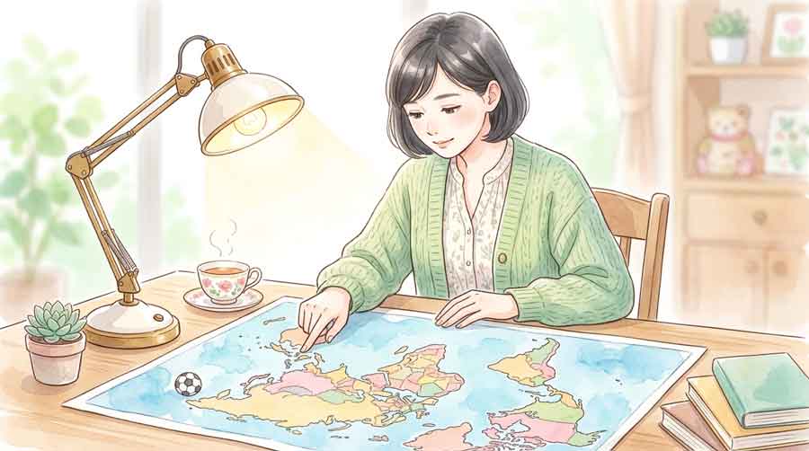 世界地図の上にサッカーボールと国旗が並ぶイラスト