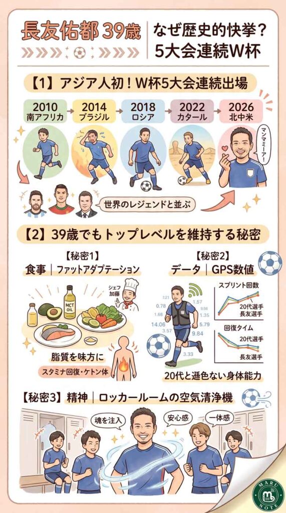 長友佑都・W杯5大会連続出場はなぜ「歴史的快挙」なのか?アジア人初の記録と39歳の秘密を整理する インフォグラフ