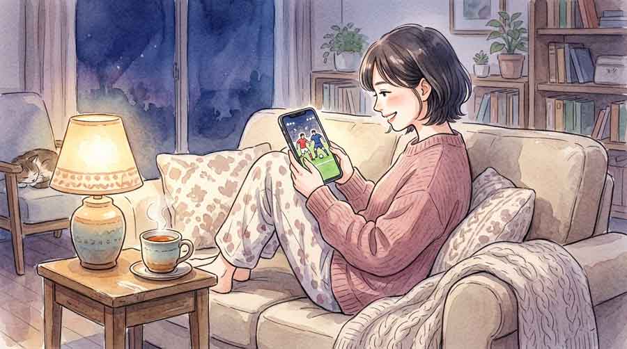テレビとスマートフォンを比べながら画面を見ている知的な女性