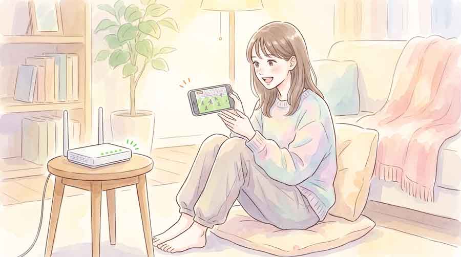 テレビを見る人が減りスマートフォンで動画を見る様子を表した図を見る女性
