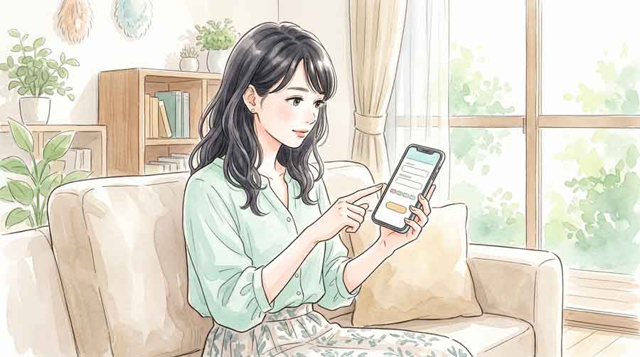 スマートフォンとお財布を並べて受信料について考えている女性