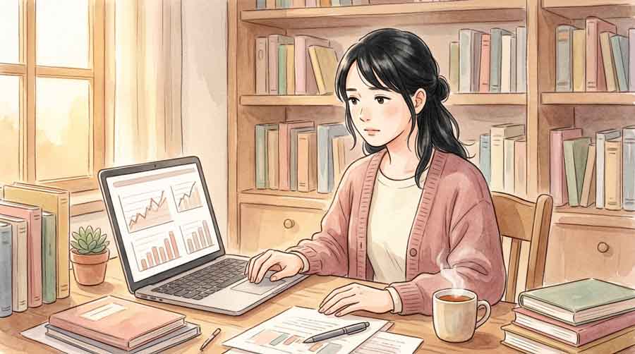  年金や積立投資について静かに考える女性