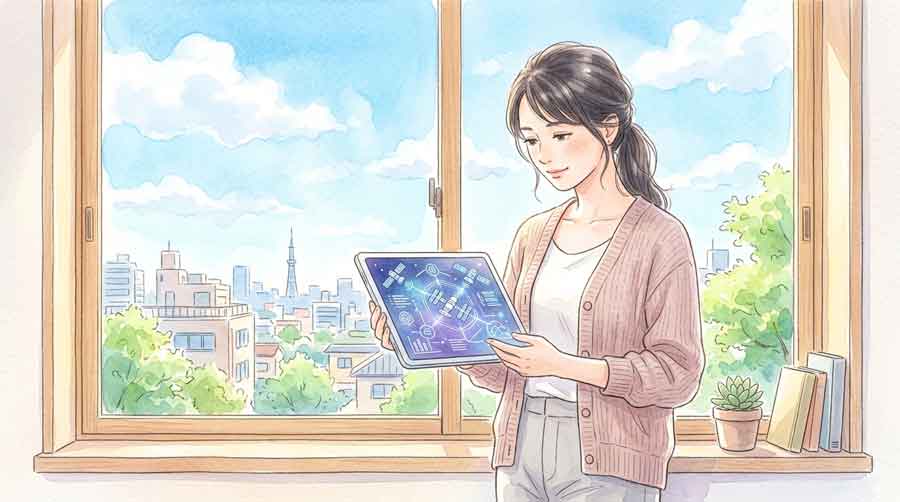 AIとロケットの未来イメージを描いた図を静かに眺める女性
