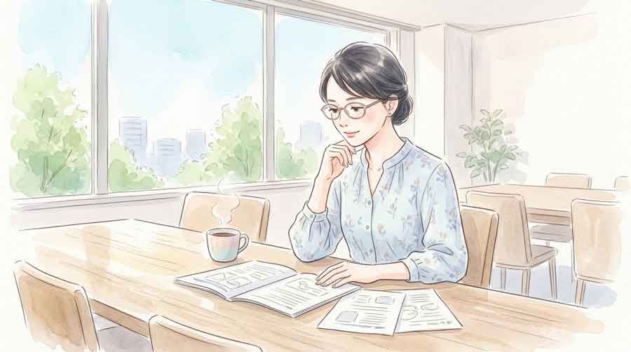 :会議室で書類を確認している女性
