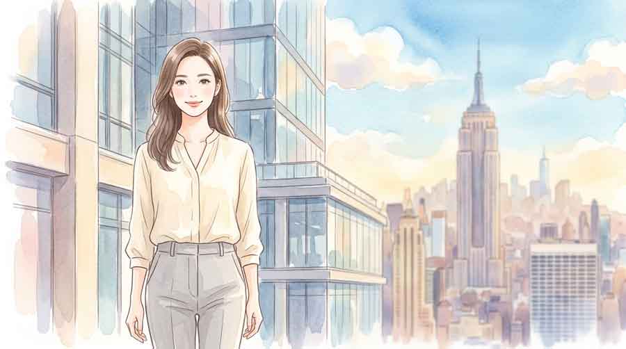 ニューヨークのオフィスビルの前に立つ日本人女性