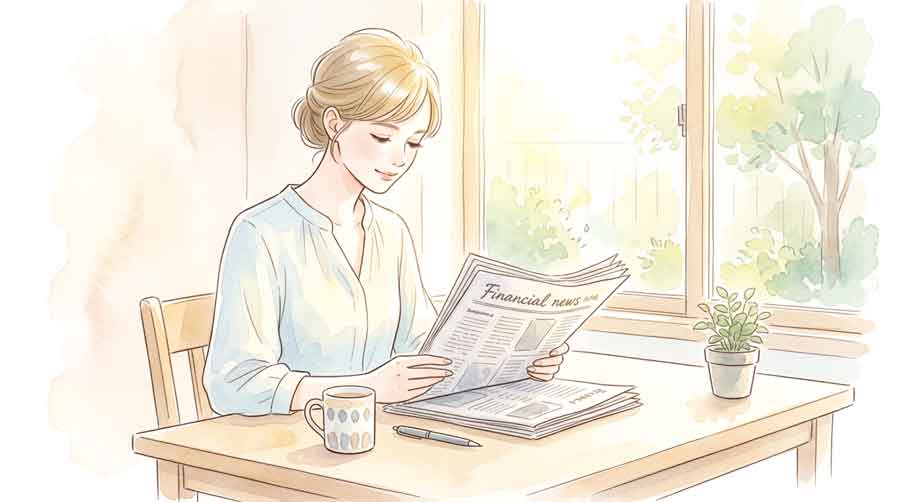 金融ニュースを静かに読む知的な女性