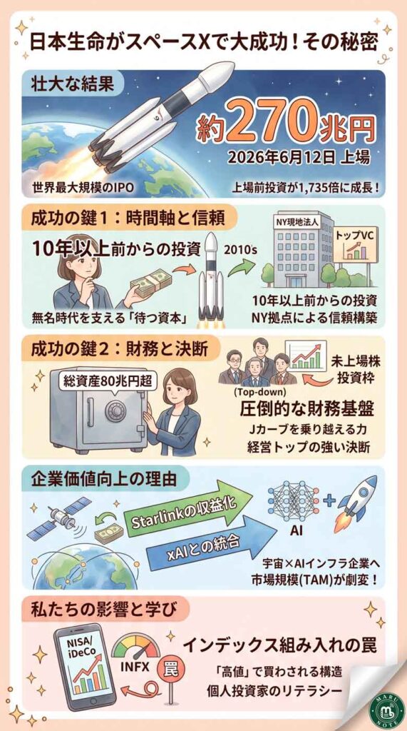 日本生命はなぜスペースXで数千億円を得られたのか？機関投資家の先見性と"勝てた理由"をまるっと解説インフォグラフ
