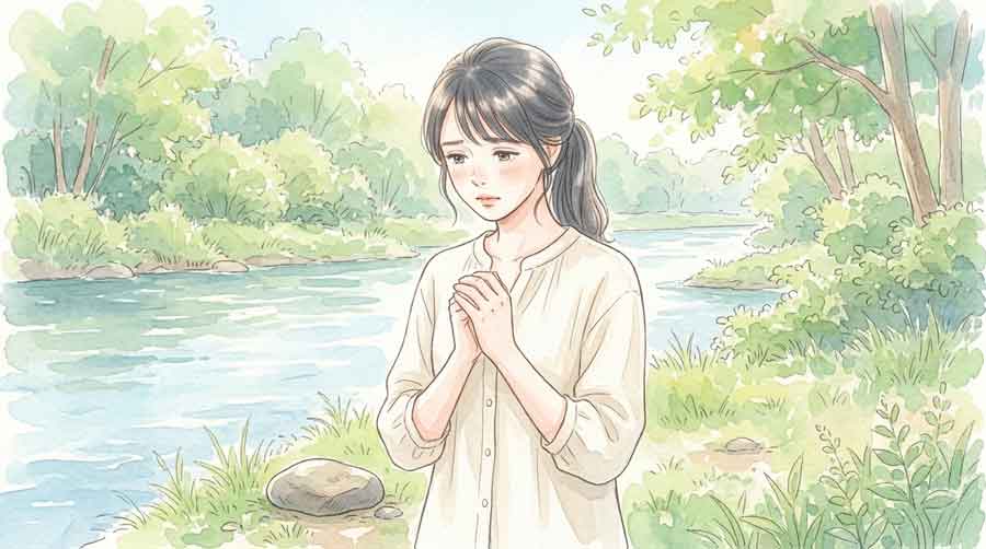 川のほとりで石碑の前に立ち歴史を思う女性