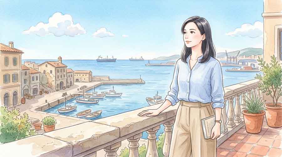 港の見える丘で歴史書を読む知的な表情の女性