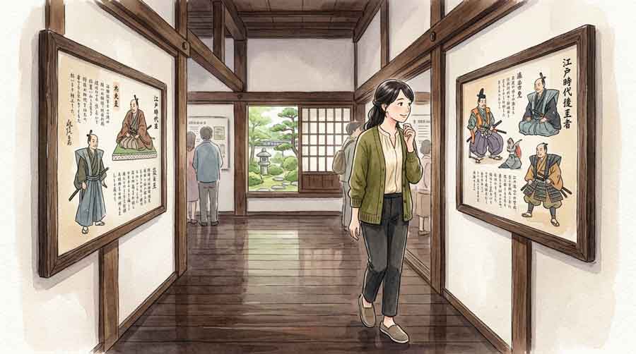 江戸時代の城を背景に歴史書を持って歩く知的な女性