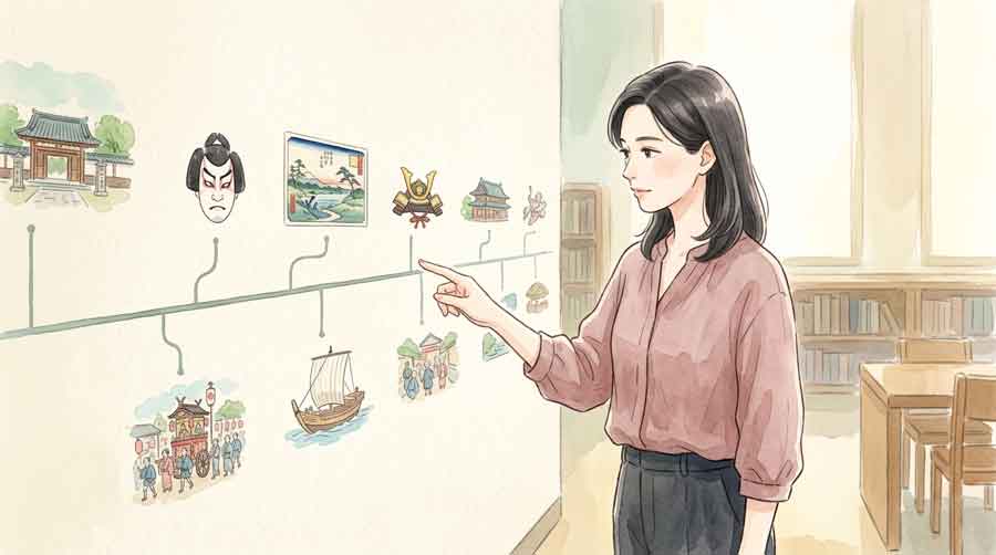  歴史の年表を見ながら考え込む落ち着いた雰囲気の女性