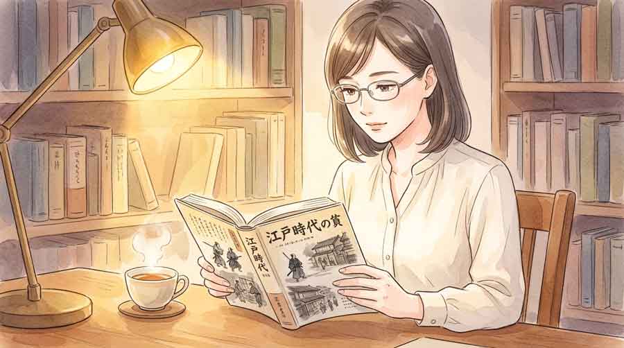 幕末の歴史書を机に広げて静かに読む知的な女性
