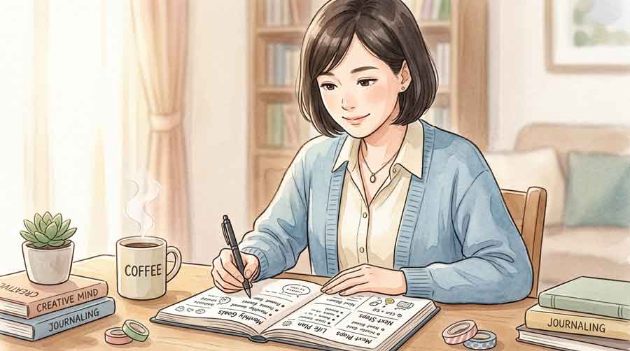 書類を読みながら内容を整理している落ち着いた日本人女性