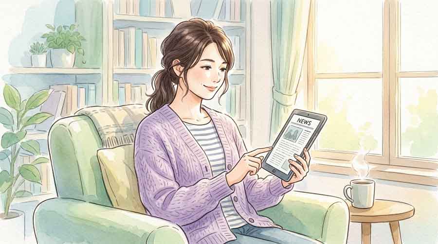 スマートフォンで情報を整理しながら考える落ち着いた日本人女性