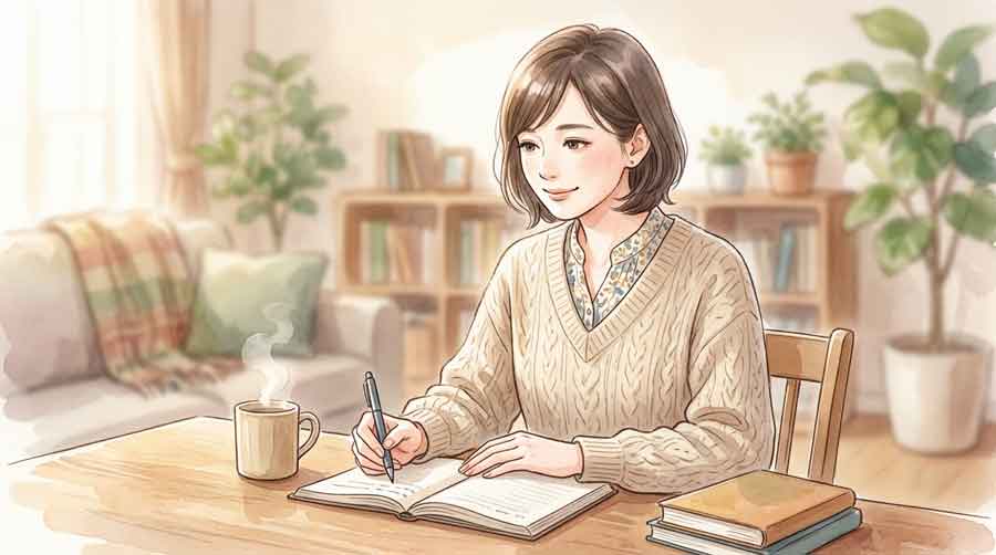 テーブルでメモを取りながら静かに考える知的な日本人女性