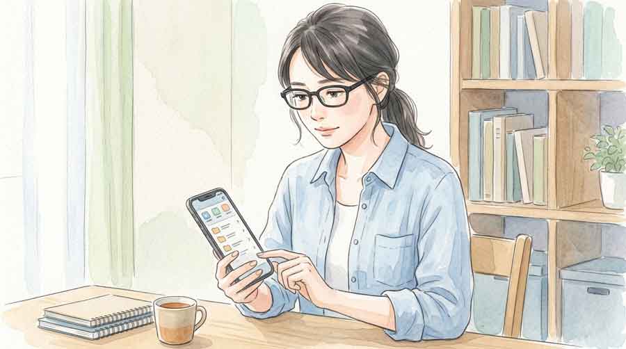 ニュースを読みながら静かに微笑む知的な日本人女性
