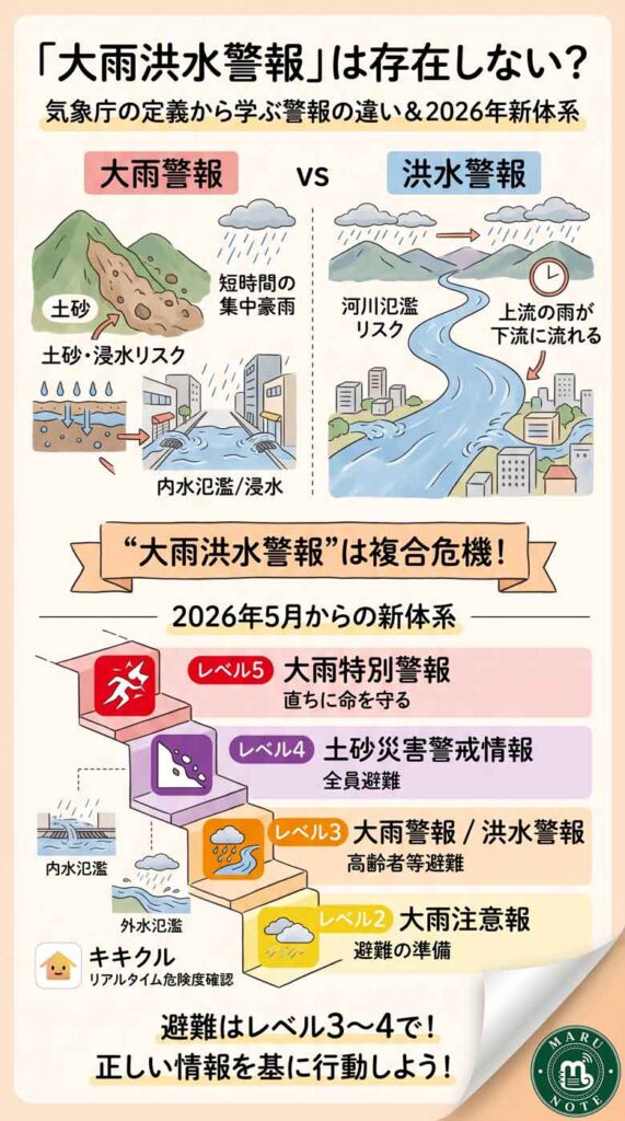 「大雨洪水警報」は存在しない?気象庁の定義から学ぶ大雨・洪水警報の違いと2026年新体系インフォグラフ