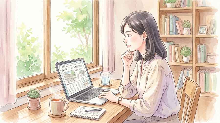 ニュースを見て考え込む落ち着いた知的な女性のイラスト