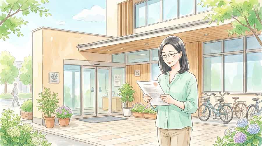 保健所の建物の前で書類を確認する落ち着いた女性のイラスト