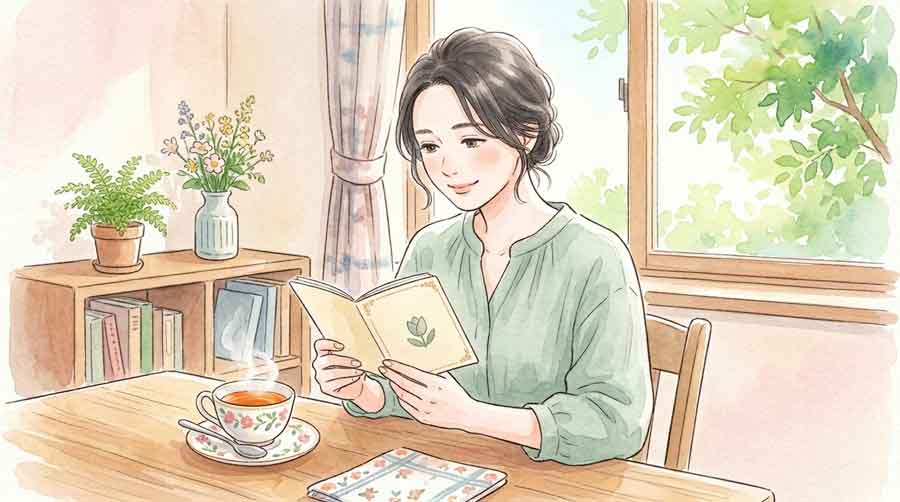 予防接種の記録帳を確認しながら考える女性のイラスト