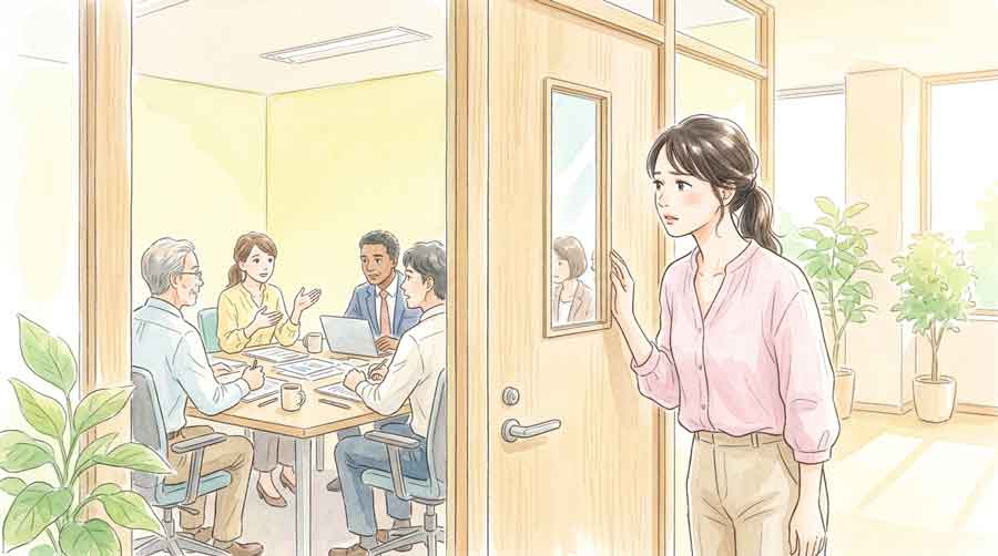 換気の悪い密閉された会議室に人が集まっている様子のイラスト