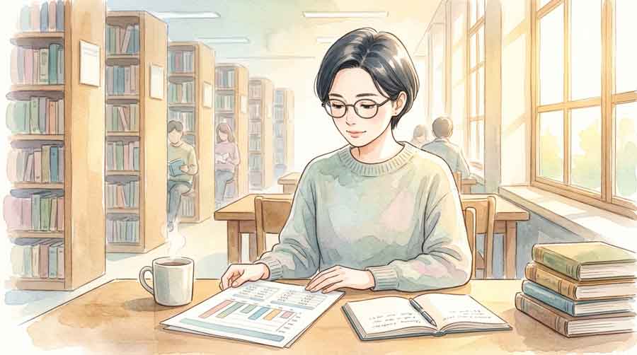 グラフや資料を手に持ち考える知的な30代女性のイラスト