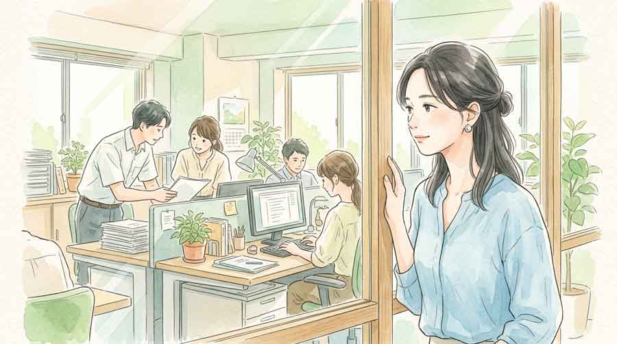 職場のオフィスで少人数が働いている密な環境のイラスト