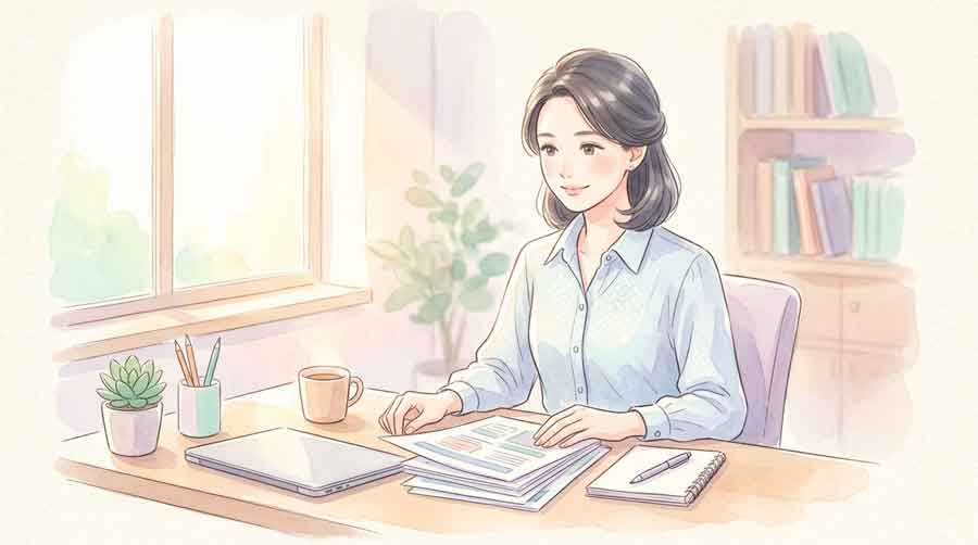 明るいオフィスで資料を前に前向きな表情で考える知的な女性
