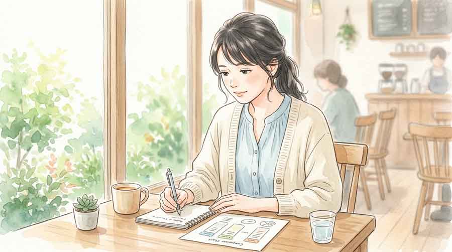 カフェのテーブルでノートにメモを取りながら考える女性