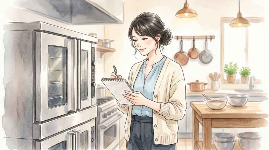 窯の前でメモを取りながら料理の工程を確認する落ち着いた女性