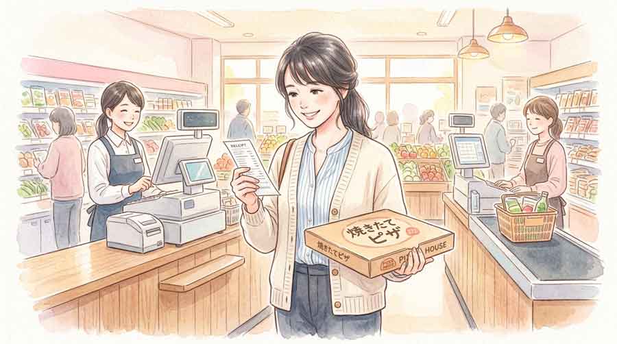 スーパーのレジ前でピザの箱を持ち、価格に納得した表情の女性