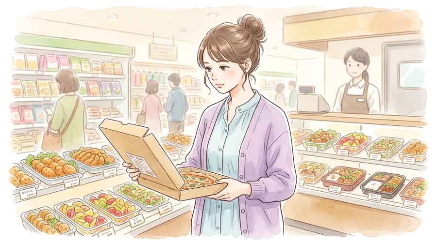 スーパーの惣菜売場でピザのラインナップを真剣に確認する女性