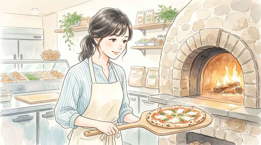 石窯の前で焼き立てピザを確認する知的な表情の女性
